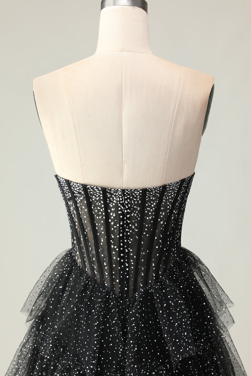 Load image into Gallery viewer, Sparkly Black and White Polka Dots Sweetheart Long Corset Prom Dress with Ruffles