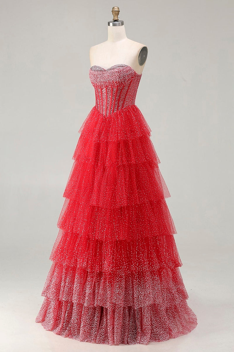 Load image into Gallery viewer, Sparkly Black and White Polka Dots Sweetheart Long Corset Prom Dress with Ruffles