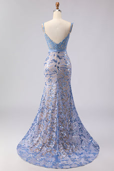 Sparkly Grey Blue Mermaid Lace Corset Long Prom Dress with Bow