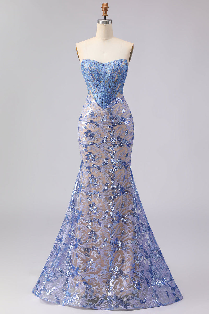 Load image into Gallery viewer, Sparkly Grey Blue Corset Mermaid Lace Strapless Long Prom Dress