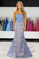 Load image into Gallery viewer, Sparkly Corset Grey Blue Mermaid Lace Strapless Long Prom Dress