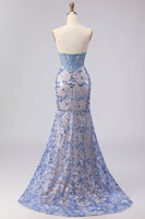 Load image into Gallery viewer, Sparkly Grey Blue Corset Mermaid Lace Strapless Long Prom Dress