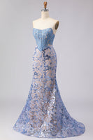 Load image into Gallery viewer, Sparkly Grey Blue Corset Mermaid Lace Strapless Long Prom Dress