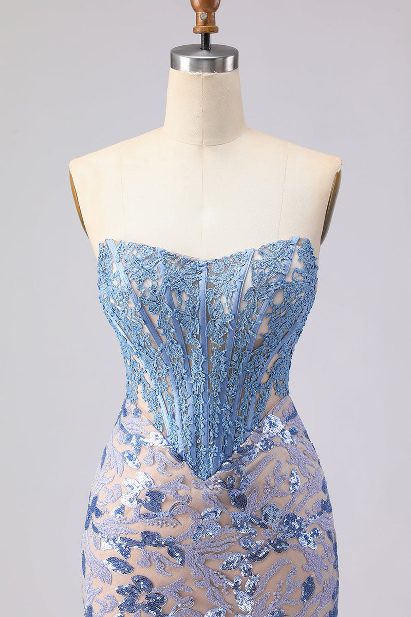 Load image into Gallery viewer, Sparkly Grey Blue Corset Mermaid Lace Strapless Long Prom Dress