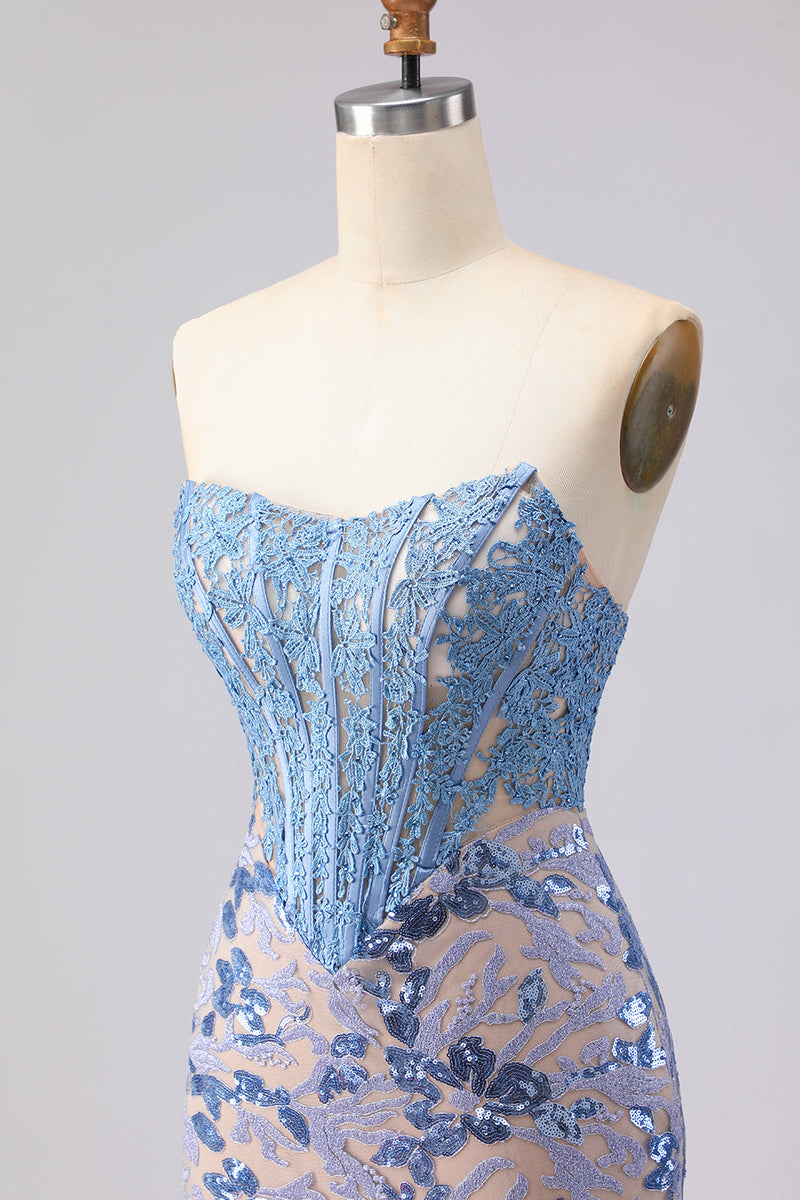 Load image into Gallery viewer, Sparkly Grey Blue Corset Mermaid Lace Strapless Long Prom Dress