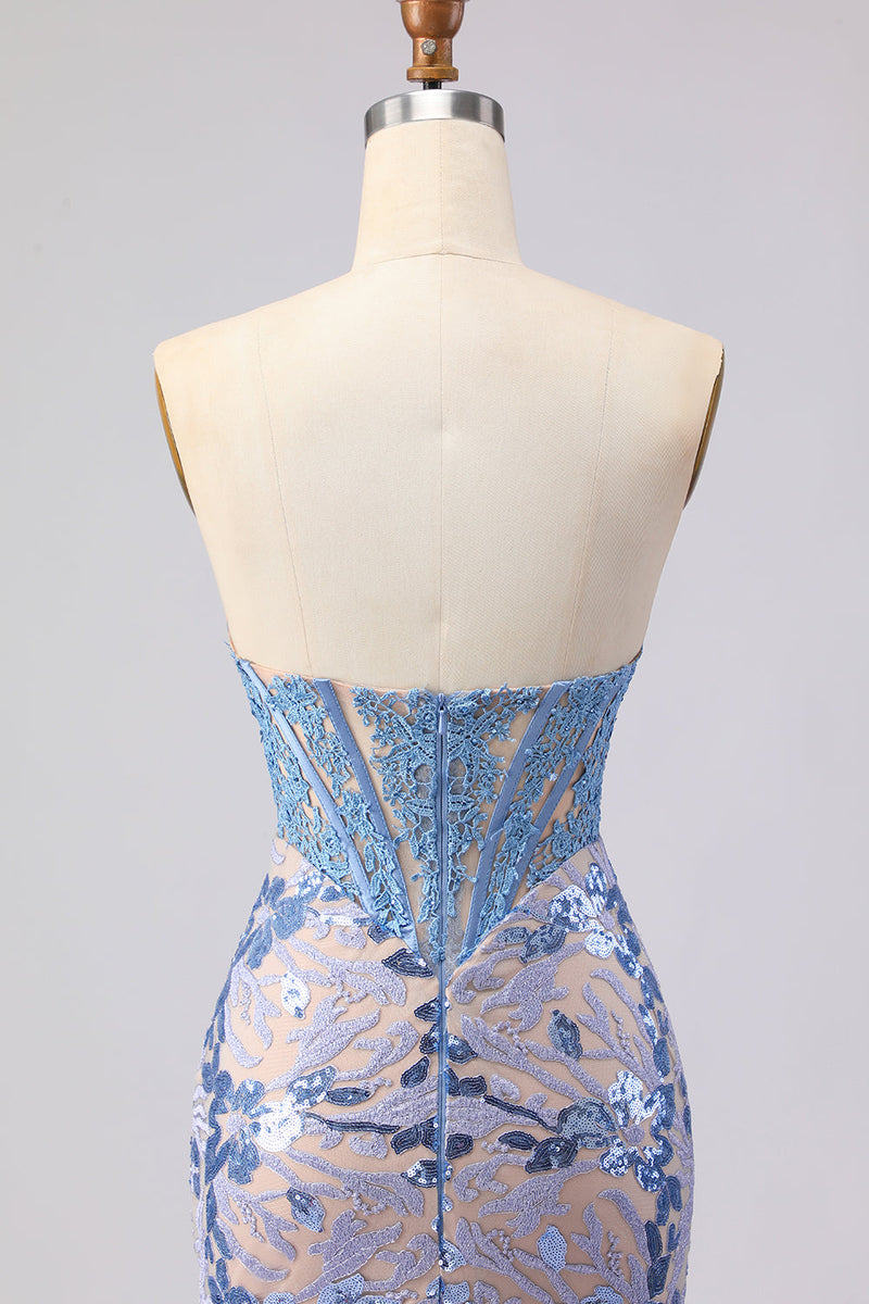 Load image into Gallery viewer, Sparkly Grey Blue Corset Mermaid Lace Strapless Long Prom Dress