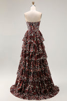 Load image into Gallery viewer, Brown Leopard Strapless A Line Long Prom Dress with Ruffles