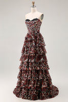 Load image into Gallery viewer, Brown Leopard Strapless A Line Long Prom Dress with Ruffles