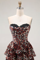 Load image into Gallery viewer, Brown Leopard Strapless A Line Long Prom Dress with Ruffles