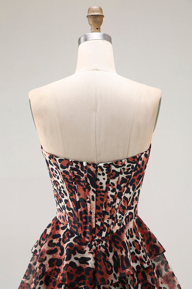 Load image into Gallery viewer, Brown Leopard Strapless A Line Long Prom Dress with Ruffles