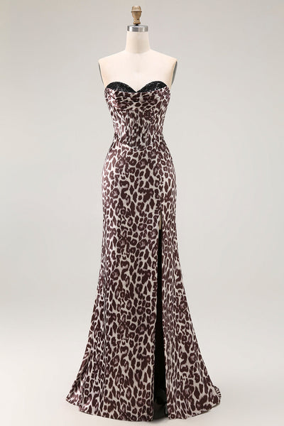 Coffee Leopard Mermaid Sweetheart Long Corset Prom Dress with Slit