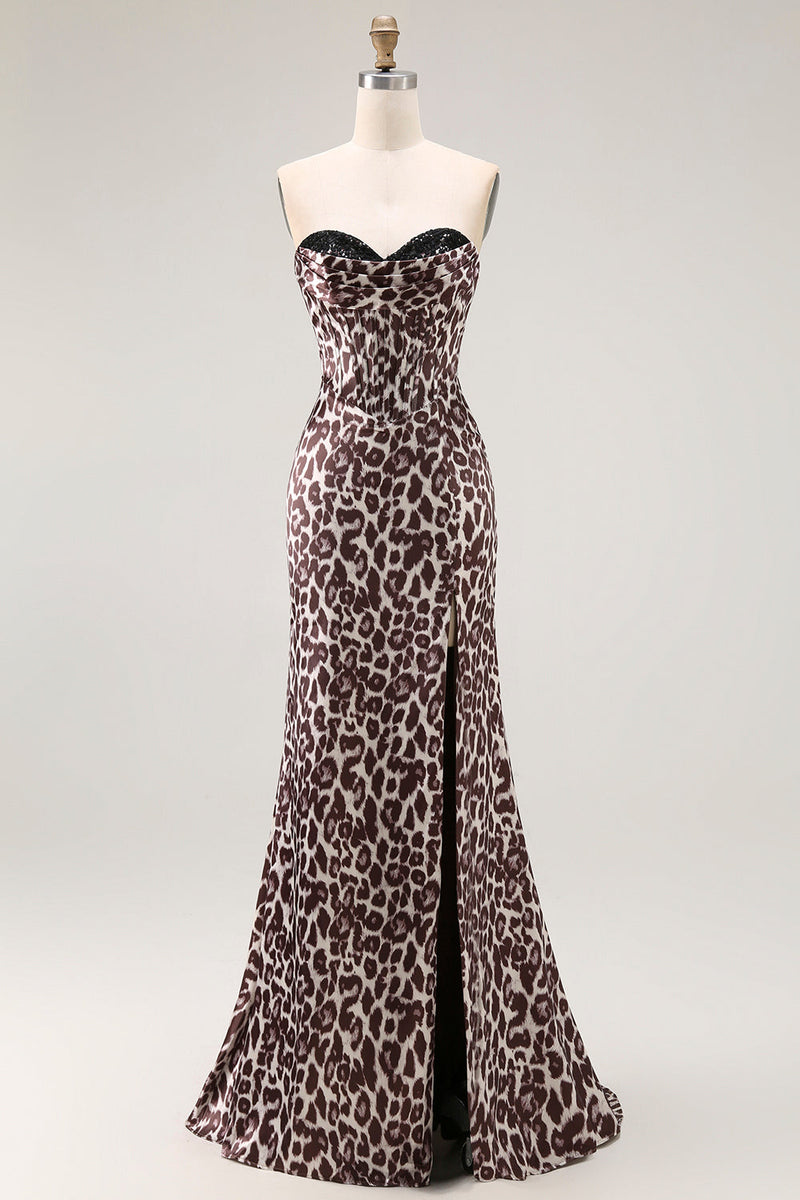 Load image into Gallery viewer, Coffee Leopard Mermaid Sweetheart Long Corset Prom Dress with Slit
