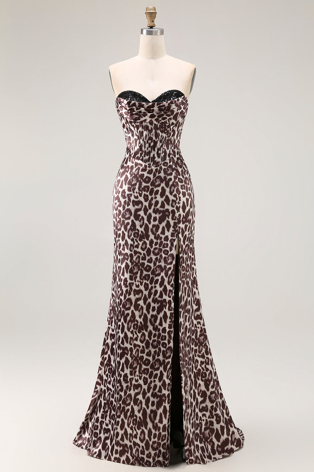 Coffee Leopard Mermaid Sweetheart Long Corset Prom Dress with Slit