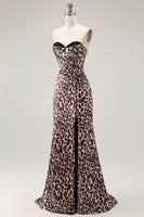 Load image into Gallery viewer, Coffee Leopard Mermaid Sweetheart Long Corset Prom Dress with Slit