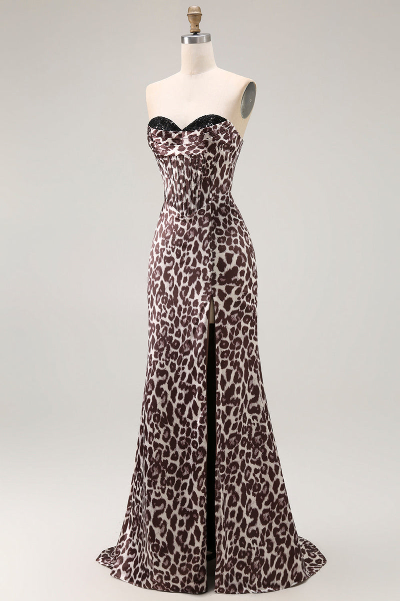 Load image into Gallery viewer, Coffee Leopard Mermaid Sweetheart Long Corset Prom Dress with Slit