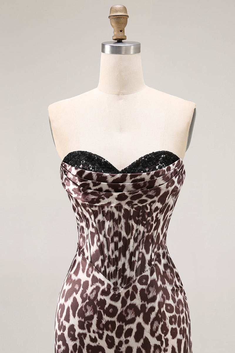 Load image into Gallery viewer, Coffee Leopard Mermaid Sweetheart Long Corset Prom Dress with Slit