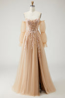 Load image into Gallery viewer, Sparkly Champagne A Line Floral Long Prom Dress with Detachable Sleeves