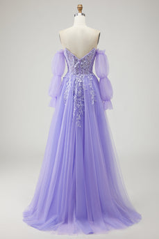 Sparkly Purple A-Line Long Floral Prom Dress with Detachable Sleeves