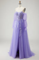 Load image into Gallery viewer, Sparkly Purple A-Line Long Floral Prom Dress with Detachable Sleeves