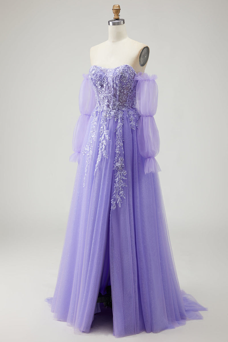 Load image into Gallery viewer, Sparkly Purple A-Line Long Floral Prom Dress with Detachable Sleeves