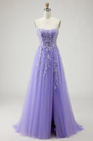 Load image into Gallery viewer, Sparkly Purple A-Line Long Floral Prom Dress with Detachable Sleeves