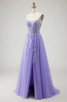 Load image into Gallery viewer, Sparkly Purple A-Line Long Floral Prom Dress with Detachable Sleeves