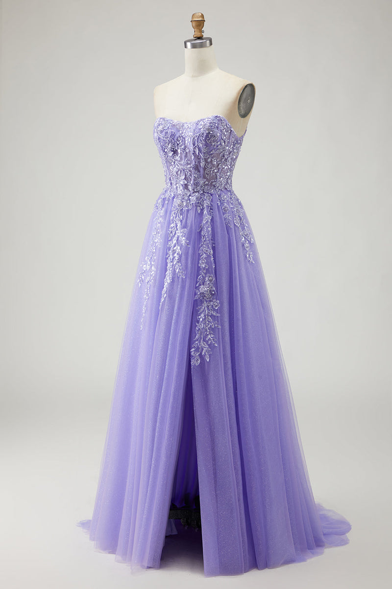 Load image into Gallery viewer, Sparkly Purple A-Line Long Floral Prom Dress with Detachable Sleeves