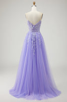 Load image into Gallery viewer, Sparkly Purple A-Line Long Floral Prom Dress with Detachable Sleeves