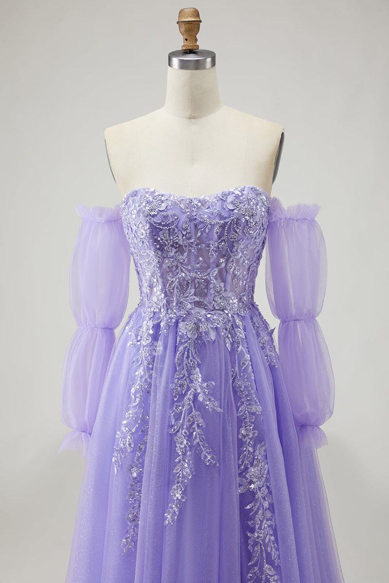 Load image into Gallery viewer, Sparkly Purple A-Line Long Floral Prom Dress with Detachable Sleeves