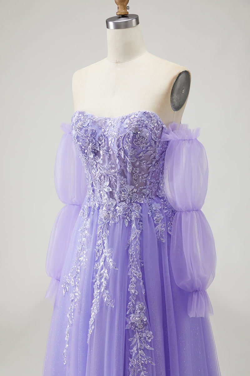Load image into Gallery viewer, Sparkly Purple A-Line Long Floral Prom Dress with Detachable Sleeves