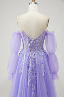 Load image into Gallery viewer, Sparkly Purple A-Line Long Floral Prom Dress with Detachable Sleeves