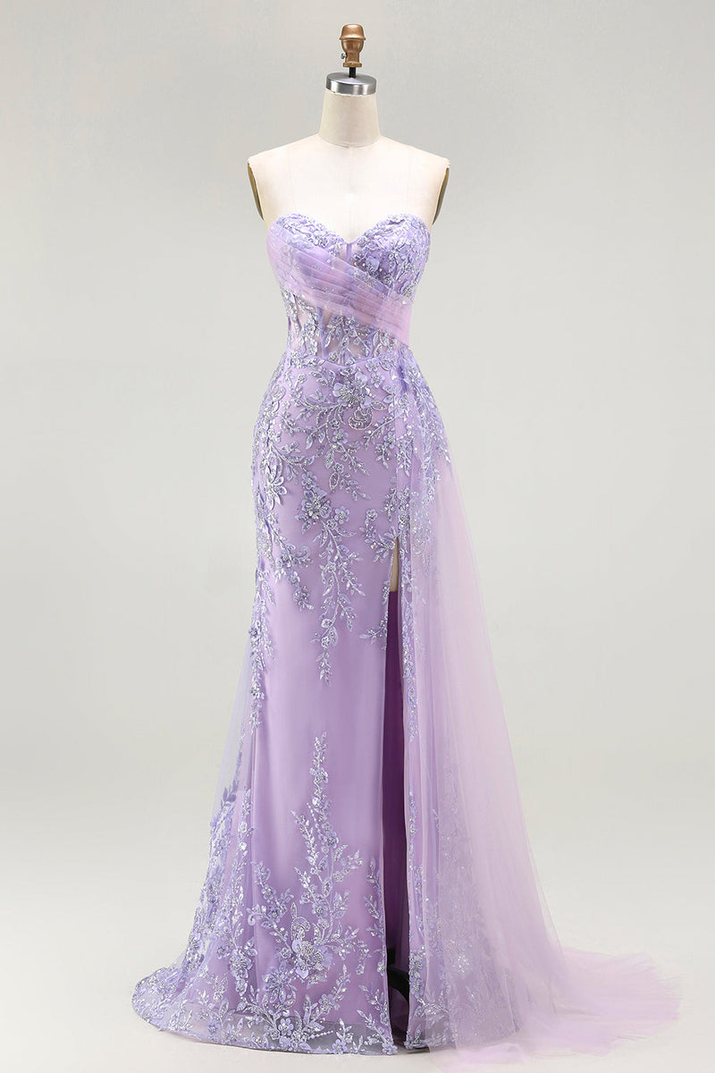 Load image into Gallery viewer, Sparkly Floral Purple Sequin Mermaid Long Corset Prom Dress with Slit