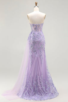 Sparkly Floral Purple Sequin Mermaid Long Corset Prom Dress with Slit