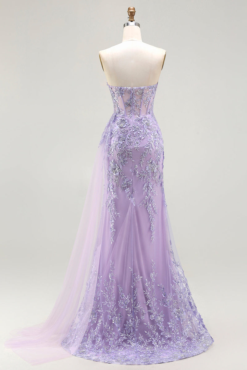 Load image into Gallery viewer, Sparkly Floral Purple Sequin Mermaid Long Corset Prom Dress with Slit