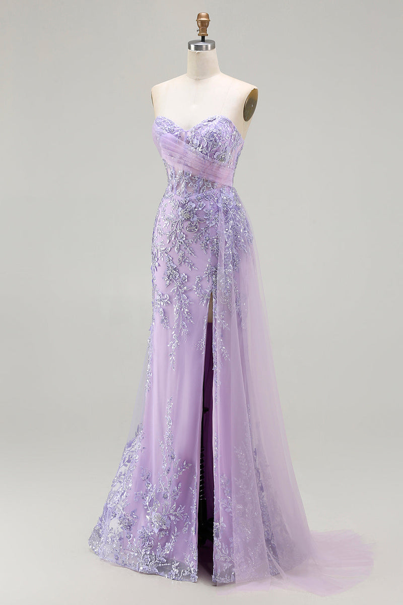 Load image into Gallery viewer, Sparkly Floral Purple Sequin Mermaid Long Corset Prom Dress with Slit
