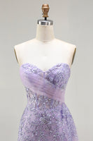Load image into Gallery viewer, Sparkly Floral Purple Sequin Mermaid Long Corset Prom Dress with Slit