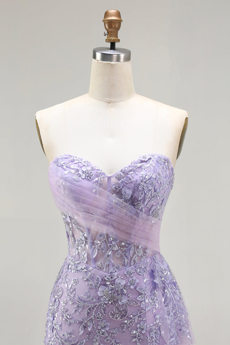Load image into Gallery viewer, Sparkly Floral Purple Sequin Mermaid Long Corset Prom Dress with Slit