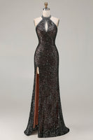 Load image into Gallery viewer, Sparkly Black Mermaid Halter Sequin Long Prom Dress with Slit