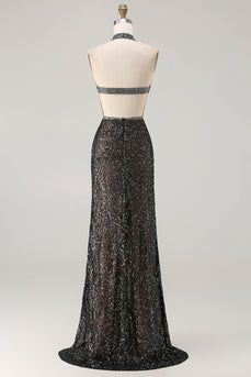 Sparkly Black Mermaid Halter Sequin Long Prom Dress with Slit