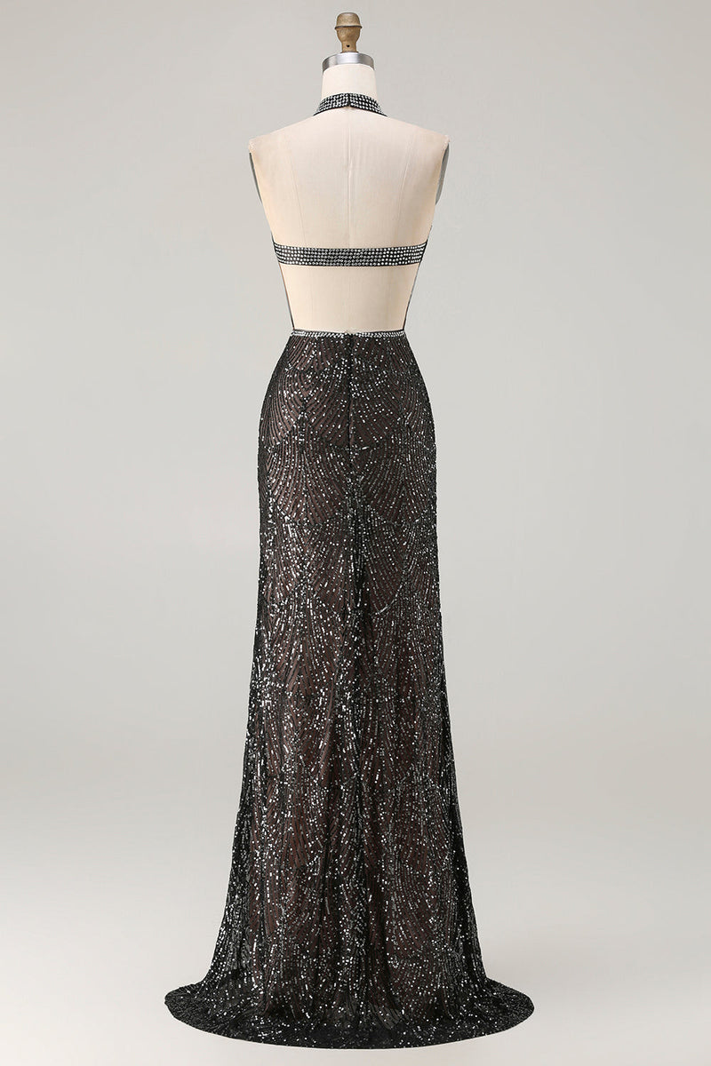 Load image into Gallery viewer, Sparkly Black Mermaid Halter Sequin Long Prom Dress with Slit