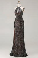 Load image into Gallery viewer, Sparkly Black Mermaid Halter Sequin Long Prom Dress with Slit