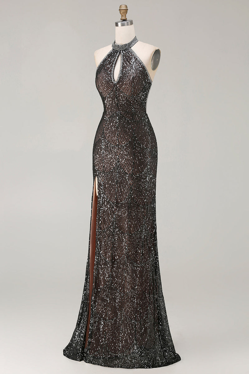 Load image into Gallery viewer, Sparkly Black Mermaid Halter Sequin Long Prom Dress with Slit