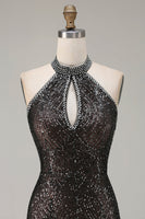Load image into Gallery viewer, Sparkly Champagne Mermaid Halter Beaded Long Prom Dress with Slit