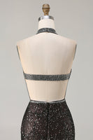 Load image into Gallery viewer, Sparkly Champagne Mermaid Halter Beaded Long Prom Dress with Slit