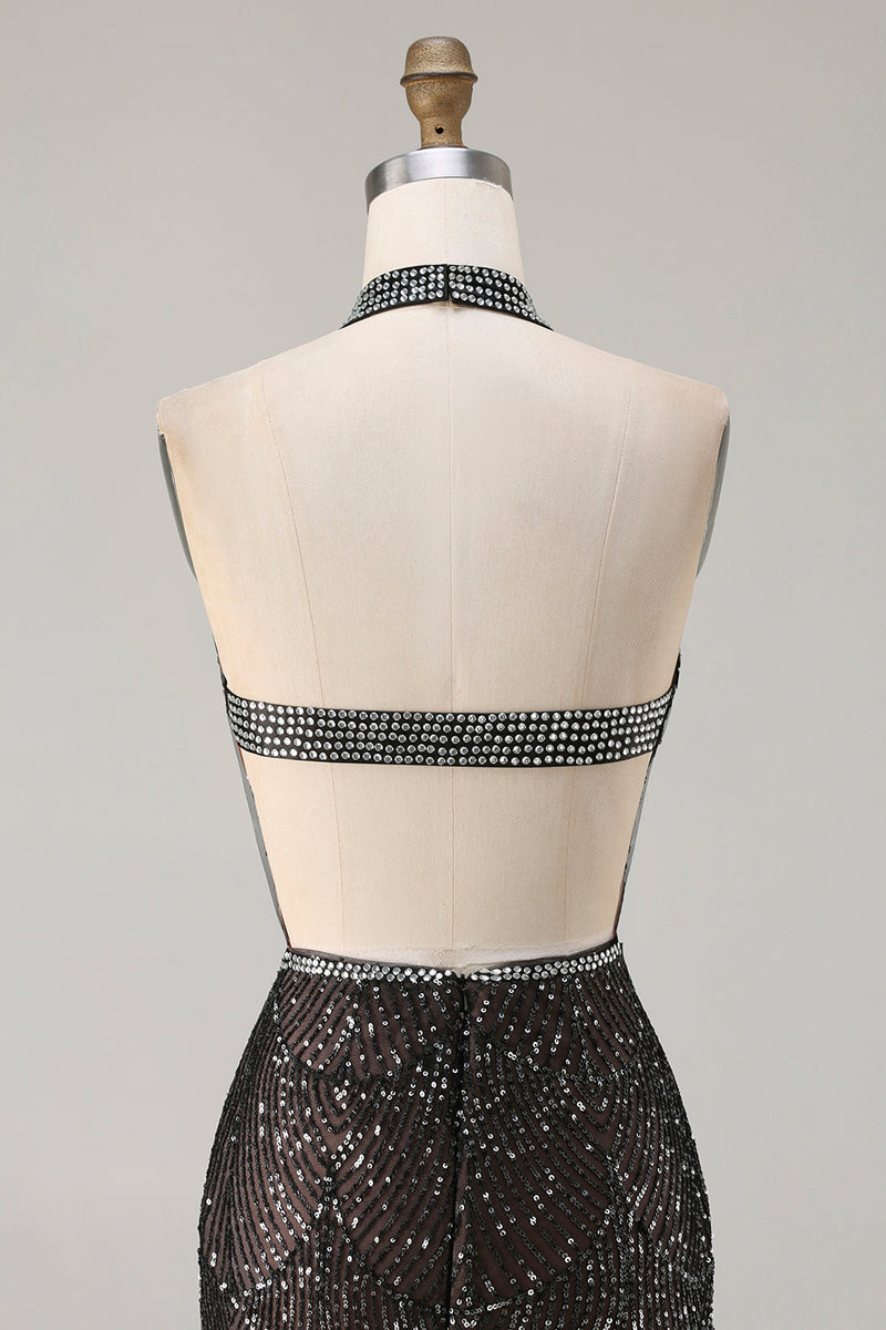 Load image into Gallery viewer, Sparkly Champagne Mermaid Halter Beaded Long Prom Dress with Slit