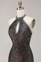 Load image into Gallery viewer, Sparkly Champagne Mermaid Halter Beaded Long Prom Dress with Slit