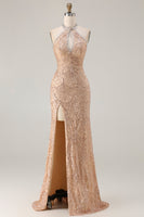 Load image into Gallery viewer, Sparkly Champagne Mermaid Halter Beaded Long Prom Dress with Slit