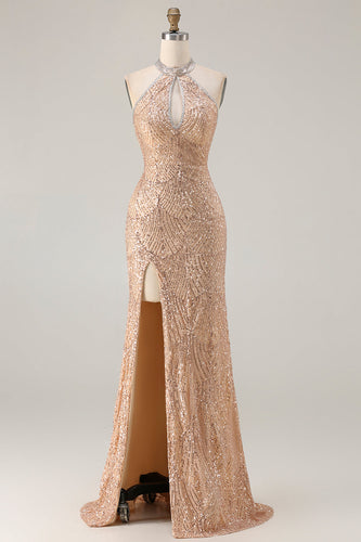 Sparkly Champagne Mermaid Halter Beaded Long Prom Dress with Slit