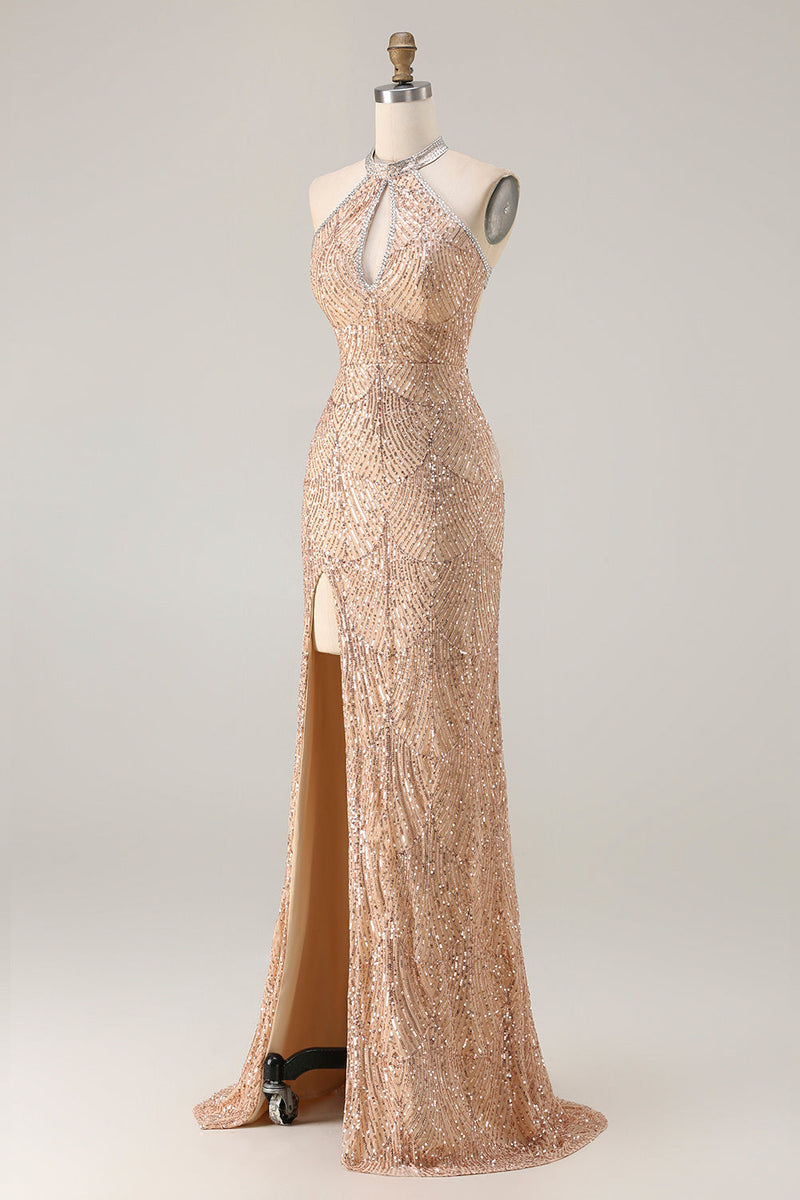 Load image into Gallery viewer, Sparkly Champagne Mermaid Halter Beaded Long Prom Dress with Slit