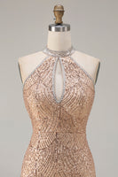 Load image into Gallery viewer, Sparkly Champagne Mermaid Halter Beaded Long Prom Dress with Slit